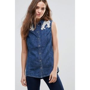 VERO MODA Denim Top Crochet Appliqué